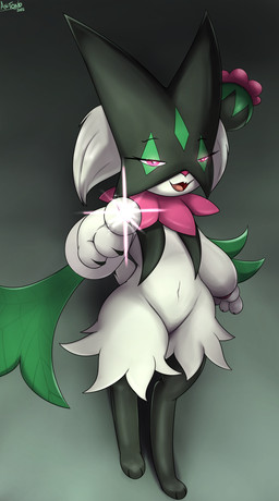 anthro female flower_trick fur gesture green_body green_fur hand_gesture looking_at_viewer open_mouth pointing pointing_at_viewer pokemorph simple_background solo thick_thighs wide_hips an-tonio nintendo pokemon felid feline generation_9_pokemon mammal meowscarada pokemon_(species) absurd_res hi_res