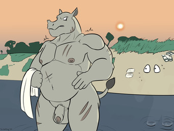 anthro balls barazoku bathing bodily_fluids butt duo facial_scar foreskin genitals grey_body humanoid_genitalia humanoid_penis invisible male musclegut muscular muscular_anthro muscular_male nipples no_irises noticing nude nude_male pecs penis river scar standing sun sunset sweat sweatdrop towel voyeur scribefang kalya_(scribefang) punna_(scribefang) chameleon indian_rhinoceros lizard mammal reptile rhinoceros scalie 2025 4:3 digital_drawing_(artwork) digital_media_(artwork) hi_res male_(lore)