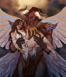 amulet_of_kings anthro armor back_wings barefoot bottomwear breasts bridal_carry brown_body brown_fur brown_hair carrying_another chain chained_cuffs cloth_wrapping clothed clothing crown cuff_(restraint) duo ear_piercing ear_ring fantasy feet female female_on_anthro fur gold_(metal) gold_armor gold_cuffs hair headgear holding_body horn jewelry leather leather_clothing loincloth male male/female metal_cuffs oversized_clothing partially_clothed pendant piercing queen restraints ring_piercing royalty spread_wings wings hakuryuorion bethesda_game_studios european_mythology greek_mythology microsoft mythology the_elder_scrolls alessia_(tes) morihaus_(tes) bovid bovine human mammal minotaur absurd_res hi_res
