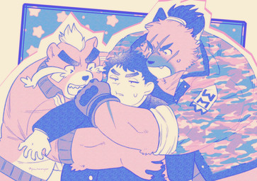 annoyed anthro bodily_fluids camo camo_clothing camo_print clothing crying eyebrows fingerless_gloves gloves group handwear hug jersey male male/male pattern_clothing scar shirt tears thick_eyebrows topwear trio ginn_tnrnrngnsr lifewonders tokyo_afterschool_summoners ashigara_(tas) chubby_protagonist_(tas) protagonist_(tas) yasuyori_(tas) bear canid canine canis domestic_dog human mammal