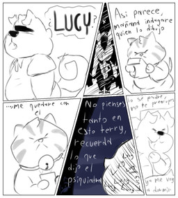 anthro bell bell_collar belly border collar duo eyes_always_closed eyes_closed forced forced_smile male male/male open_mouth smile smiling_at_viewer speech_bubble text white_border ugly-rat15508 raymond_(ugly-rat15508) terrence_(ugly-rat15508) canid canine canis domestic_cat domestic_dog felid feline felis mammal comic monochrome spanish_text