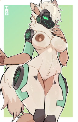 5_fingers anthro areola biped breasts female fingers front_view fur genitals hair looking_at_viewer machine navel nipples nude nude_anthro nude_female simple_background small_waist smile solo tail thick_thighs vulva wide_hips thericegoat protogen absurd_res hi_res