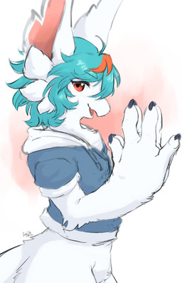 4_fingers anthro big_hands bottomless bottomless_female chest_tuft clothed clothing dipstick_tail female fingers fur hair kemono looking_at_viewer markings neck_bow orange_tail_tip red_eyes side_view simple_background solo tail tail_markings tail_tuft teal_hair tuft white_background white_body white_fur ingi mythology yukari_(character) dragon furred_dragon furred_scalie mythological_creature mythological_scalie scalie 2025 hi_res