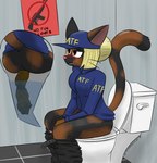 anthro baseball_cap bathroom belt black_body black_fur blonde_hair blush bottomwear bottomwear_down breasts brown_body brown_eyes brown_fur clothed clothing feces female fur gun hair hair_bun hat headgear headwear jacket mottled panties pants partially_clothed pooping poster_(object) ranged_weapon relieved shirt sitting smile solo tail text toilet toilet_use topwear underwear weapon notmypornaccount bureau_of_alcohol_tobacco_and_firearms mavis_(notmypornaccount) domestic_cat felid feline felis mammal tortoiseshell_cat absurd_res digital_media_(artwork) english_text hi_res