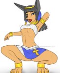 ankh anthro armband barefoot black_hair blue_eyes bottomwear bracelet breasts clothed clothing collar egyptian egyptian_clothing feet female hair jewelry loincloth makeup navel open_mouth simple_background solo under_boob white_background mashakseh egyptian_mythology middle_eastern_mythology mythology zenonzard anbs-02 canid canine canis jackal mammal 2021 hi_res signature