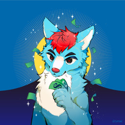 anthro banknote black_eyes blue_body blue_fur currency_symbol dollar_sign fur hair halo holding_money holding_object male male_anthro money pupils red_hair red_pupils solo sparkles sparkling_character standing sun symbol text white_body white_fur yrac suspiciously_wealthy_furry canid canine mammal 1:1 artist_name digital_media_(artwork) hi_res meme