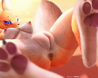 anthro anus areola big_tail blue_eyes breasts claws eyebrows fat_mons female fluffy fluffy_tail fur genitals looking_at_viewer lying medium_breasts multicolored_body nipples on_back pawpads pink_areola pink_nipples plump_labia presenting presenting_anus presenting_vulva simple_background solo spread_legs spreading tail text two_tone_body vulva white_body white_fur yellow_body yellow_fur v-tal bandai_namco digimon patreon digimon_(species) renamon artist_name