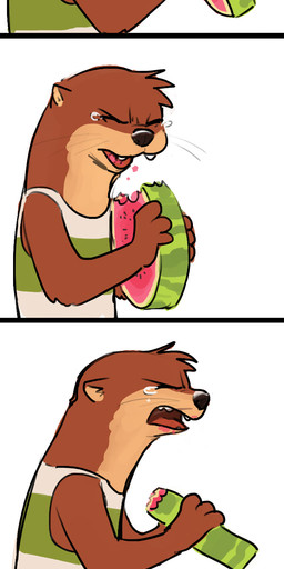 ambiguous_gender anthro arm_tuft bodily_fluids clothed clothing crying eating elbow_tuft eyes_closed food fruit head_tuft holding_object melon plant shirt simple_background solo tank_top tears topwear tuft watermelon whiskers white_background fuel_(artist) disney zootopia oliver_(fuel) mammal mustelid otter 1:3 2019 comic hi_res