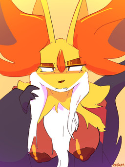 anthro areola breasts female frown fur leaning leaning_forward looking_at_viewer nipples orange_body orange_fur red_areola red_nipples scowl solo yellow_body yellow_fur catjamn nintendo pokemon pokemon_legends_z-a generation_9_pokemon mega_delphox mega_evolution pokemon_(species) 2025 hi_res