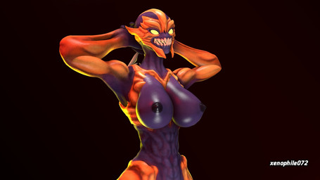 abs bared_teeth big_breasts biped black_background breasts countershading crossgender empty_eyes female glowing glowing_eyes grin hands_behind_head muscular muscular_female not_furry nude orange_body purple_body purple_countershading simple_background smile solo standing yellow_eyes yellow_light xenophile072 ghost0fonyx_(modeler) doom_(series) id_software microsoft humanoid imp_(doom) 16:9 3d_(artwork) digital_media_(artwork) half-length_portrait hi_res portrait source_filmmaker_(artwork) widescreen