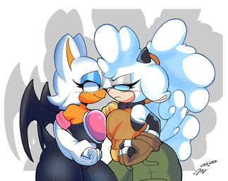 annoyed anthro bell bell_collar breast_squish breasts clothing collar comparing comparing_breasts duo eyelashes eyeshadow female female/female fist hair half-closed_eyes makeup narrowed_eyes ponytail shadow squish tail wings lonercroissant idw_publishing sega sonic_the_hedgehog_(comics) sonic_the_hedgehog_(idw) sonic_the_hedgehog_(series) lanolin_the_sheep_(sonic) rouge_the_bat bat bovid caprine mammal sheep hi_res signature