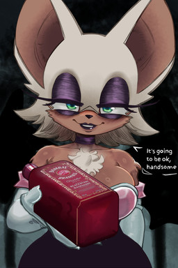 alcohol anthro bedroom_eyes beverage blush blush_lines breasts chest_tuft eyelashes eyeshadow female long_eyelashes looking_at_viewer makeup narrowed_eyes purple_eyeshadow seductive smile solo speech_bubble text tuft hyacihyaci sega sonic_the_hedgehog_(series) rouge_the_bat bat mammal absurd_res hi_res