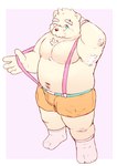 anthro armpit_hair belly blue_eyes body_hair bottomwear bulge clothing eyewear facial_hair glasses kemono male mature_male moobs mustache navel nipples one_eye_closed overweight overweight_male shorts simple_background solo wink buruukoori bear mammal 2021 absurd_res hi_res