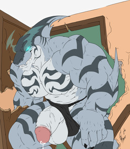 abs anthro balls blue_eyes bodily_fluids claws dripping fin genital_fluids genitals humanoid_genitalia humanoid_penis male markings muscular muscular_anthro muscular_arms muscular_male muscular_thighs pecs penis precum precum_drip smile solo hunterramirez aquatic fish shark colored digital_drawing_(artwork) digital_media_(artwork) flat_colors hi_res