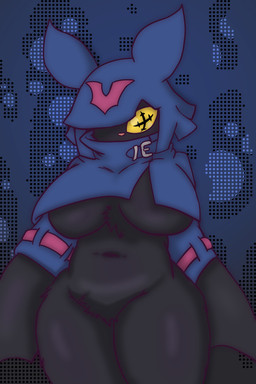 abstract_background anthro black_body black_fur bottomless breasts chest_tuft clothed clothing crop_top crotch_tuft female fur hat hat_over_eye headgear headwear jacket pink_nose pupils shirt solo topwear tuft under_boob unusual_pupils yellow_eyes yozothescribe bandai_namco digimon digimon_beatbreak chiropmon digimon_(species) mammal 2:3 hi_res