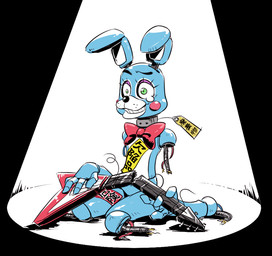anthro bow_(feature) bow_tie electric_guitar eyelashes guitar machine musical_instrument plucked_string_instrument simple_background solo string_instrument text white_background wire nitorou five_nights_at_freddy's five_nights_at_freddy's_2 scottgames toy_bonnie_(fnaf) animatronic lagomorph leporid mammal rabbit robot japanese_text translated