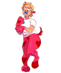 3_toes alternate_species anthro blonde_hair blue_nose blue_pawpads blush bottomless claws clothed clothing clothing_lift digitigrade dog_tail embarrassed exposed_crotch featureless_crotch feet floppy_ears furrification gender_transformation glistening glistening_body hair heart_(marking) human_ears human_to_anthro looking_at_hands looking_at_self loss_of_dexterity male markings mid_transformation midriff mtf_transformation multicolored_body nervous on_one_leg open_mouth pantless_anthro pantsless partial_transformation pawpads paws pink_body pink_skin pink_tail shirt shirt_lift short_tail simple_background sketchy solo species_transformation spots standing t-shirt tail teeth thick_thighs toes toony topwear transformation two_tone_body white_background white_clothing white_shirt white_topwear worried chunkowitz canid canine canis domestic_dog human humanoid hybrid mammal colored_sketch digital_media_(artwork) flat_colors sketch