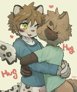 5_fingers anthro blush bottomless bottomless_male brown_body brown_fur brown_hair clothed clothing duo eyes_closed featureless_crotch fingers fur grey_body grey_fur hair happy heart_symbol hoodie hoodie_only hug looking_at_another male markings one_eye_closed open_mouth shirt shirt_only simple_background spots spotted_markings text topwear topwear_only yellow_eyes young young_anthro young_male jinbuuck xiang_(jinbuuck) canid canine felid leopard mammal pantherine raccoon_dog tanuki 2020 5:6 english_text half-length_portrait japanese_description portrait