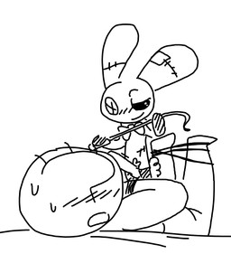bdsm blush bodily_fluids breasts dominant dominant_male duo erection eyelashes female genitals male penis plushie plushophilia question_mark riding_crop simple_background smile sweat whip white_background the_weaver toybox_pals anon mr._bun-bun_(toybox_pals) animate_inanimate human lagomorph leporid living_plushie mammal rabbit black_and_white monochrome