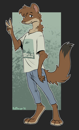 anthro bottomwear clothed clothed_anthro clothed_male clothing gesture hand_gesture male pants shirt solo standing t-shirt tail text text_on_clothing text_on_shirt text_on_topwear topwear v_sign pinkpalmingo i_want_to_believe the_x-files martin_(orf) mammal mustelid musteline true_musteline weasel 2025 artist_name dated hi_res