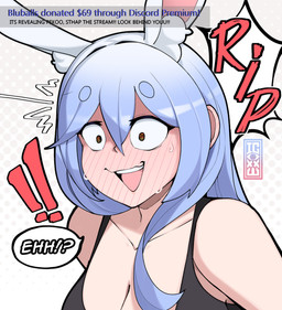 big_breasts blue_hair blush blush_lines bodily_fluids breasts cleavage clothed clothing dialogue donation_alert ear_tuft emanata exclamation_point female hair open_mouth rabbit_ears ripping_sound_effect solo speech_bubble sweat text tuft yellow_eyes igxxiii discord_(app) hololive vtuber pekomama animal_humanoid humanoid lagomorph lagomorph_humanoid leporid_humanoid mammal mammal_humanoid rabbit_humanoid english_text hi_res