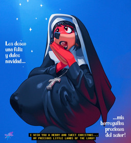 anthro big_breasts black_hair black_nose bodily_fluids breasts clothed clothing cross cross_necklace eyebrows eyelashes eyeshadow female fully_clothed hair huge_breasts jewelry lactating lactating_through_clothing makeup necklace nipple_outline nun nun_habit open_mouth open_smile religious_clothing short_hair smile solo teeth text wet wet_clothing crackiepipe ruby_(crackiepipe) canid canine fox mammal 2023 artist_name english_text hi_res spanish_text watermark