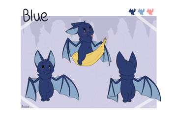 abstract_background ambiguous_gender banana blush feral food front_view fruit plant rear_view short_tail solo straddling tail tongue tongue_out wings yurusa cave_story blue_bat bat mammal hi_res model_sheet female_(lore)