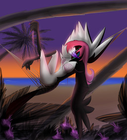 anthro beach bedroom_eyes bikini bra clothing detailed_background female fishnet_bikini fishnet_clothing fishnet_swimwear green_eyes hair half-closed_eyes looking_at_viewer narrowed_eyes outside palm_tree panties pink_hair plant sand seaside seductive sky solo sunset swimwear tree two-piece_swimsuit underwear corrvo feather_6 sirii avian bird 2012 hi_res