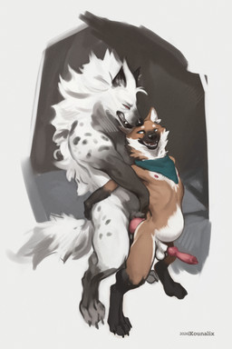 abdominal_bulge abstract_background anal anal_penetration animal_genitalia animal_penis anthro balls blue_kerchief blue_neckerchief bodyguard_position canine_genitalia canine_penis duo erection from_behind_position fur genitals kerchief kerchief_only knot knot_prodding knotted_penis looking_back male male/male markings mostly_nude neckerchief neckerchief_only neckwear nude orange_body orange_fur paws penetration penile penile_penetration penis penis_in_ass reaching_back restrained_arms sex simple_background size_difference snarling spots spotted_body spotted_fur standing standing_sex white_background white_body white_fur kounalix canid canine hyena mammal maned_wolf spotted_hyena absurd_res full-length_portrait hi_res portrait spot_color