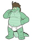 anthro briefs brown_hair bulge clothed clothing crocodile crocodilian crocodylid gallardo_remi_cipactli green_body green_scales hair heyitscousindave hi_res male muscular muscular_male navel nokucroc reptile scales scalie simple_background smile solo teeth_showing tighty_whities underwear underwear_only white_background white_briefs white_clothing white_underwear yellow_sclera
