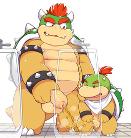2_horns anthro balls blush bodily_fluids duo flaccid foreskin genital_fluids genitals green_body holding_penis horn humanoid_genitalia humanoid_penis looking_at_genitalia looking_at_penis male male_peeing multicolored_body orange_body peeing peeing_together penis shota tan_body urinal urine urine_stream young young_anthro young_male gombay mario_bros nintendo bowser bowser_jr. dragon_koopa koopa scalie absurd_res hi_res father_(lore) father_and_child_(lore) father_and_son_(lore) incest_(lore) parent_(lore) parent_and_child_(lore) parent_and_son_(lore) son_(lore)