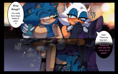 anthro bedroom_eyes blue_body blue_eyeshadow blush bodily_fluids clothing dialogue dominant dominant_female dress duo evening_gloves eyeshadow female genital_fluids gloves handjob handwear lipstick makeup male male/female narrowed_eyes penile seductive sex speech_bubble strapon submissive submissive_male text tongue tongue_out oninsfw sega sonic_the_hedgehog_(series) rouge_the_bat sonic_the_hedgehog bat eulipotyphlan hedgehog honduran_white_bat leaf-nosed_bat mammal microbat yangochiropteran 16:10 absurd_res comic english_text hi_res widescreen
