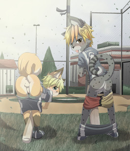 anthro anus backsack balls baseball_bat baseball_field bat_(object) bent_over blush bottomwear bottomwear_down boxers_(clothing) butt clothed clothing duo erection foreskin genitals humanoid_genitalia humanoid_penis looking_at_viewer looking_back male mooning outside pants pants_down partially_clothed partially_retracted_foreskin penis perineum presenting presenting_hindquarters public raised_tail shota tail take_your_pick teasing tongue tongue_out underwear underwear_down young young_anthro young_male ketzio hima_chita tycloud canid canine cheetah felid feline fox mammal digital_media_(artwork) hi_res