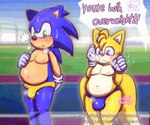 big_butt blush butt clothed clothing duo male male/male matching_clothing nipples overweight overweight_male sigh slightly_chubby slightly_chubby_male speedo speedo_only swimwear thick_thighs topless onechan sega sonic_the_hedgehog_(series) miles_prower sonic_the_hedgehog canid canine eulipotyphlan fox hedgehog mammal