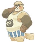 anthro belly big_belly blush boxers_(clothing) brown_body clothing facial_hair gloves handwear kemono male one_eye_closed overweight overweight_male shirt simple_background solo topwear underwear white_background wink garouzuki crave_saga pong_(crave_saga) canid canine mammal raccoon_dog tanuki 2023 hi_res