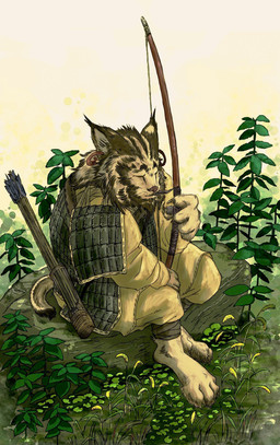 anthro armor arrow_(weapon) biped bow_(weapon) claws clothed clothed_anthro clothed_male clothing detailed_background ear_piercing ear_ring eyes_closed finger_claws fur grass holding_bow_(weapon) holding_object holding_ranged_weapon holding_weapon log male male_anthro outside piercing plant quiver_(object) ranged_weapon ring_piercing scale_armor sitting solo three-quarter_view toe_claws weapon whiskers wood kanichikap felid feline lynx mammal 2023 digital_media_(artwork) hi_res japanese_description