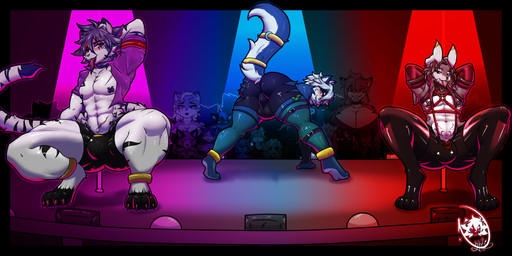anthro audience blue_body blue_fur bulge clothing dancing fur grey_body grey_fur group latex latex_clothing male muscular on_stage perineum_outline pole pole_dancing purple_body purple_fur strip_club trio_focus white_body nighty_stripes koretak nekoshinymoon yamido domestic_cat felid feline felis lagomorph leporid mammal pantherine rabbit tiger 2:1 absurd_res hi_res