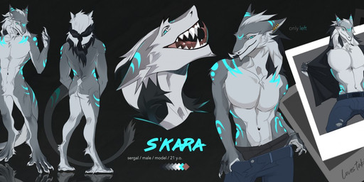 anthro blue_bottomwear blue_clothing blue_eyes blue_pants bottomwear clothed clothing color_swatch denim denim_bottomwear denim_clothing digitigrade eyewear fangs featureless_crotch forked_tongue front_view fur glasses grey_body grey_fur jeans light_body light_fur male nude open_mouth pants rear_view rectangular_glasses red_tongue sharp_teeth solo standing tail teeth text tongue tongue_out topless wearing_glasses unknowhiter s'kara sergal 2019 english_text model_sheet