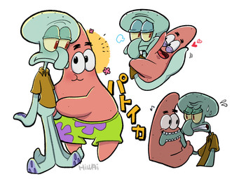 anthro duo heart_symbol male male/male simple_background smile white_background hiwai nickelodeon spongebob_squarepants patrick_star squidward_tentacles aquatic asterozoan cephalopod coleoid decapodiform echinoderm mollusk squid starfish 4:3 hi_res