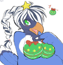 anthro beak big_breasts black_body black_feathers blue_body blue_feathers blush blush_lines bodypaint braided_hair breasts cheek_tuft facial_tuft feathers female fluffy green_eyes hair happy heart_symbol holidays looking_at_viewer neck_tuft non-mammal_breasts nude nude_female open_beak open_mouth orange_beak ornament ponytail presenting presenting_breasts simple_background smile solo standing star star_ornament stripes tail tail_feathers tongue tuft white_body white_feathers wings winter_coat qb_dayoo christmas cissa_(idorrth) avian bird corvid magpie_(corvid) oscine passerine digital_media_(artwork) hi_res