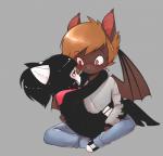 ambiguous_gender anthro clothed clothing duo flat_chested hair heart_symbol heterochromia hug male male/ambiguous romantic romantic_couple scar simple_background smile wings suelix mercy_(suelix) bat felid mammal absurd_res digital_media_(artwork) hi_res male_(lore)