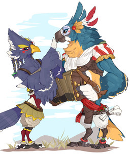 3_toes 5_fingers accessory anklet anthro bandoneon beak black_beak black_body black_feathers blonde_eyebrows blue_body blue_feathers blue_tail bottomwear braided_hair brown_clothing brown_topwear clothed clothing duo eyebrows feather_hands feathers feet fingers green_eyes hair heel_claw holding_musical_instrument holding_object jewelry legwear looking_at_another looking_away loose_feather male male/male multicolored_body multicolored_feathers musical_instrument outside red_clothing red_legwear scroll simple_background smile standing tail tail_feathers talons toes topwear two_tone_tail vest white_body white_bottomwear white_clothing white_feathers yellow_beak yellow_body yellow_eyes yellow_feathers yellow_tail hanzotitmada breath_of_the_wild nintendo the_legend_of_zelda kass_(tloz) revali avian bird rito 2019 hi_res