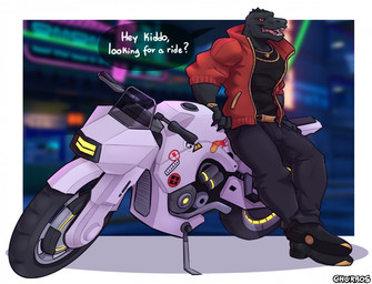 anthro belt biped black_body black_scales bottomwear bracelet bulge clothed clothing dialogue footwear fully_clothed jacket jewelry looking_at_viewer male motorcycle necklace open_mouth open_smile pants pecs pose red_clothing red_eyes red_jacket red_topwear scales shirt shoes smile solo speech_bubble talking_to_viewer teeth text tongue topwear vehicle churrosolixoso epic_games fortnite thunder_(fortnite) komodo_dragon lizard monitor_lizard reptile scalie 2023 digital_media_(artwork) english_text hi_res