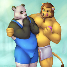 anthro balls biceps big_muscles black_nose blush bulge clothed clothing communal_shower duo front_view fur genitals locker locker_room male male/male mostly_nude muscular muscular_male one-piece_swimsuit pecs penis pubes romantic romantic_couple shower shy slightly_chubby smile soap swimwear tongue topless towel wrestler wrestling_singlet yellow_body yellow_fur zeta-haru bear felid giant_panda lion mammal pantherine 1:1 hi_res