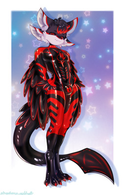 3_fingers 4_ears anthro black_body black_clothing black_feathers black_latex black_sclera black_skinsuit bulge claws clothing digitigrade drone dronification feathered_wings feathers feet fingers fur glistening glistening_body hair highlights_(coloring) latex latex_clothing latex_skinsuit looking_at_viewer male multi_ear muscular null_bulge red_body red_claws red_eyes red_highlights skinsuit slim_male smile smirk solo standing tail tight_clothing toes white_body white_feathers winged_arms wings strawberrynightmilk gigamen avali avian bird absurd_res hi_res