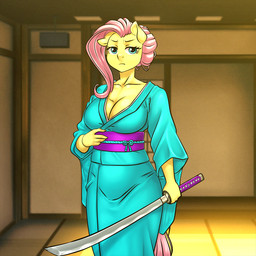 anthro asian_clothing big_breasts biped blue_clothing blue_eyes breasts cleavage clothed clothing east_asian_clothing eyelashes female hair holding_katana holding_melee_weapon holding_object holding_sword holding_weapon japanese_clothing katana kimono melee_weapon pink_hair pupils sword weapon yellow_body pia-sama friendship_is_magic hasbro my_little_pony fluttershy_(mlp) equid equine mammal 1:1 hi_res