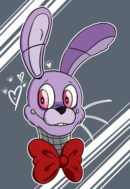 anthro black_nose disembodied_head freckles fur heart_symbol looking_aside machine male pink_eyes purple_body purple_fur ribbons smile solo teeth whiskers dompteuseartist five_nights_at_freddy's scottgames bonnie_(fnaf) animatronic lagomorph leporid mammal rabbit robot 2015 headshot_portrait portrait