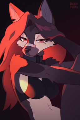 anthro biped bra breasts clothed clothed_anthro clothed_female clothing countershade_fur countershade_torso countershading female fur grey_body grey_fur grey_hair hair looking_at_viewer navel simple_background sitting smile solo underwear danomil canid canine mammal 2026 digital_drawing_(artwork) digital_media_(artwork)