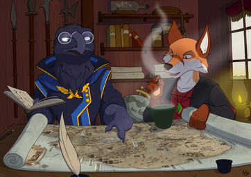 anthro beak book claws clothed clothed_anthro clothed_female clothing dialogue dramatic duo emerald_(gem) eyebrows eyewear fangs female female_anthro fur furniture gem glasses gown green_eyes inside jewelry logo loose_feather magic_user male map mature_male medieval medieval_clothing open_mouth orange_body orange_fur pawpads pendant quill self_insert smoke table tail tail_tuft teeth tuft weapon window witch mcfan stories_of_vallerane silva_vernalis avian bird canid canine corvid corvus_(genus) crow fox mammal oscine passerine digital_media_(artwork) hi_res story story_in_description