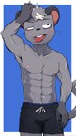 5_fingers abs adolescent anthro bare_chest biceps black_bottomwear black_clothing black_nose black_shorts blue_background blue_eyes blush border bottomwear chest_tuft clothed clothing crotch_lines fingers front_view frown fur grey_body grey_fur grey_hair grey_tail hair hand_on_own_head male muscular muscular_anthro muscular_male muscular_young navel nipples open_mouth pecs pink_nipples shorts shorts_only simple_background solo tail tan_tongue tongue tongue_out topless tuft whiskers white_border young young_anthro latotabo gelato_(latotabo) mammal murid murine rat rodent half-length_portrait hi_res portrait